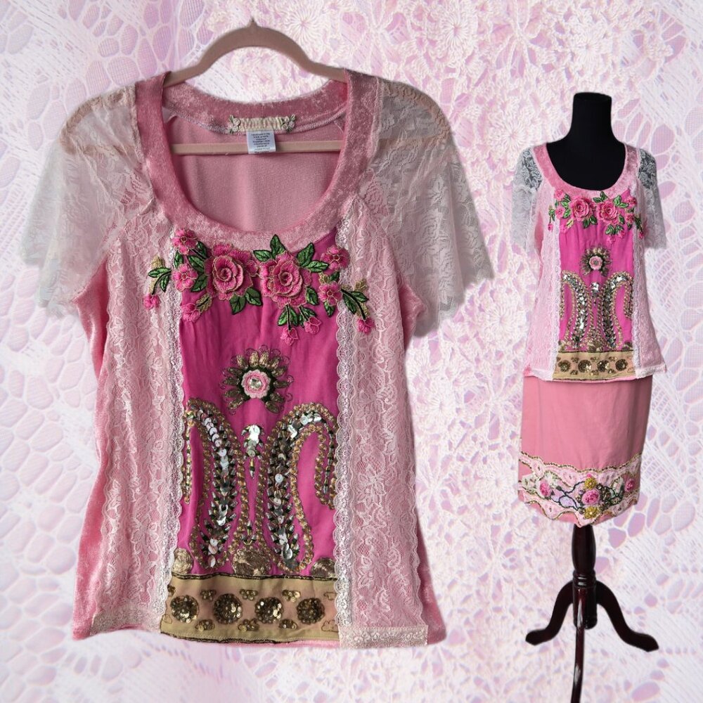 Handmade Pink Velvet Rose Embroidered Sequin Lace Romantic Fairycore Women's Med